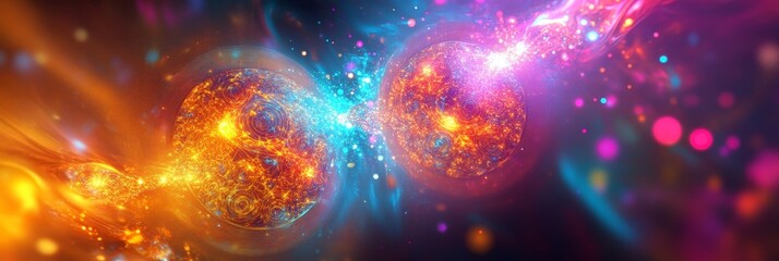 Sticker - Cosmic Dance of Energy: Abstract Fusion of Light and Color - This abstract image showcases a vibrant collision of two energy orbs, symbolizing creativity, duality, power, chaos, and interconnectedness