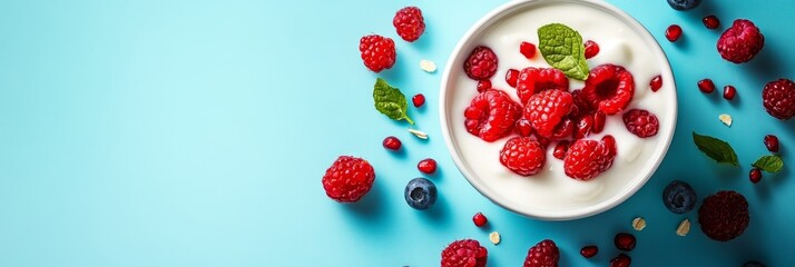 Wall Mural - Delicious Yogurt Parfait with Fresh Raspberries and Blueberries - A bowl of creamy yogurt topped with fresh raspberries, blueberries, and a sprig of mint. The yogurt is a healthy and delicious breakfa