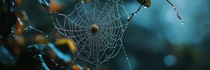 Poster - Dew-Covered Spider Web in Nature - A spiderweb covered in dew drops hangs between branches, symbolizing nature's delicate beauty, fragility, and the intricate designs of the natural world.