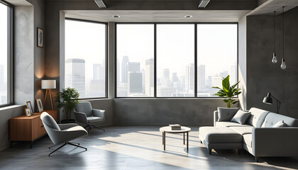 Wall Mural - Modern concrete coworking office interior with furniture, window with city view, daylight and empty mockup place on wall. Corporate concept. Mock up, 3D Rendering isolated with white highlights, png