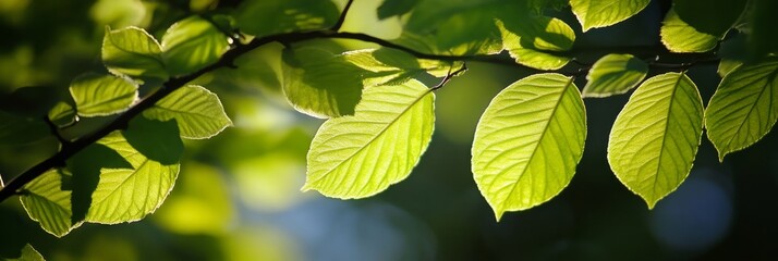 Wall Mural - Fresh Green Leaves Illuminated by Sunlight - A branch of a tree with fresh green leaves illuminated by sunlight, symbolizing growth, renewal, nature, life, and spring.