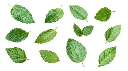 Poster - Fresh Mint Leaves Isolated on White Background - A collection of fresh mint leaves isolated on a white background. The leaves are green and healthy, perfect for adding a touch of freshness to your cul