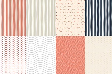 Collection of color geometric seamless minimalistic delicate patterns. Simple dotted and striped outline texture