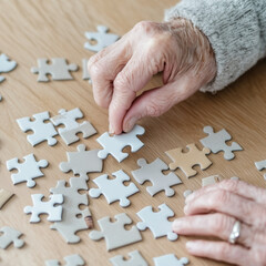 Elderly individual trying to piece together a simple jigsaw puzzle, illustrating the challenge of cognitive tasks in dementia