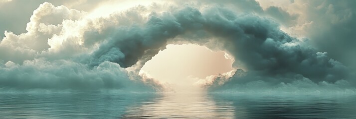 Sticker - Heavenly Gateway Through Clouds Over Calm Sea - A serene image depicting a majestic cloud formation creating a gateway to the heavens above a still and calm ocean. The clouds represent hope, the gatew