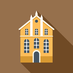 Wall Mural - Yellow two story building with arched windows and white columns is casting a long shadow on a brown background