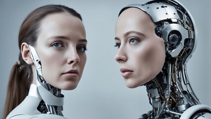 Woman opposite AI. The concept of confrontation between humanity and artificial intelligence. Machine vs human: AI robot and man facing each other.