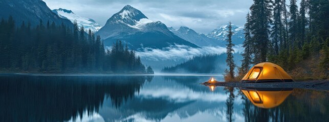 Canvas Print - A serene campsite by a mountain lake with a tent and campfire, surrounded by pine trees and snowy peaks.