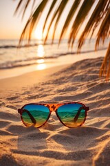 Sunglasses on the tropical beach. Travel relax vacation. Summer evening on exotic bay