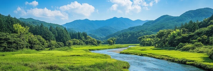 Poster - Serene River Winding Through Lush Green Valley And Mountain Landscape - A serene river meanders through a lush green valley, surrounded by majestic mountains and a vibrant sky, symbolizing tranquility