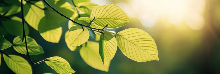 Poster - Sunlit Leaves in a Summer Forest - A close-up of green leaves bathed in sunlight, symbolizing nature, growth, new beginnings, tranquility, and life.