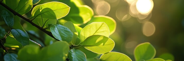 Wall Mural - Sunlit Green Leaves In Nature, Closeup Photo - A close-up photo of green leaves illuminated by the sun, showcasing nature's beauty, the vibrancy of life, and the delicate details of foliage.