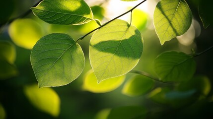 Poster - Sunlit Green Leaves in a Forest - Nature Photography - A close-up of green leaves illuminated by the sun, symbolizing growth, renewal, tranquility, and the beauty of nature.