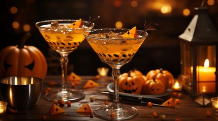 Two pumpkin martini on the bar counter with pumpkin lantern for halloween party.