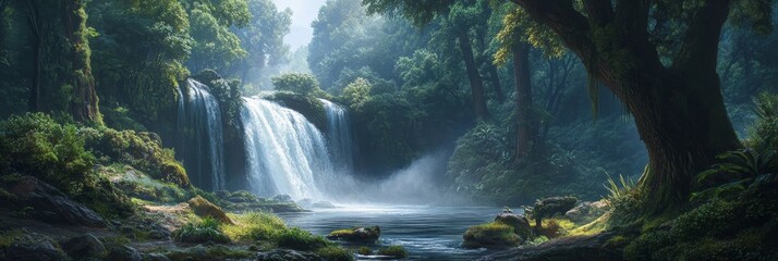 Sticker - Tranquil Waterfall in Lush Rainforest - A serene waterfall cascades down a rocky cliff, creating a misty pool in the heart of a lush rainforest. Sunlight filters through the dense canopy, illuminating