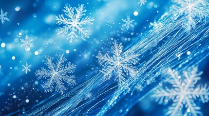 Poster - Winter Wonderland: Sparkling Snowflakes on a Blue Background - A beautiful winter scene with intricate snowflakes falling against a shimmering blue background, symbolizing peace, tranquility, beauty, 