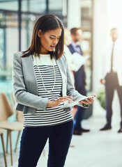 Poster - Thinking, woman and business tablet in office for online communication, email and digital research. Creative agency, professional and worker on technology for internet, planning and social media