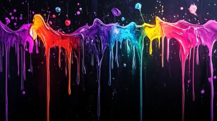 Canvas Print - Abstract Rainbow Paint Dripping on Black Background - Vibrant rainbow paint drips down a black background, symbolizing creativity, energy, freedom, and artistic expression.