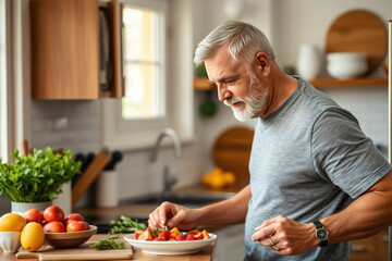 kitchen food man healthy morning mature breakfast active fitness diet home healthy senior adult life