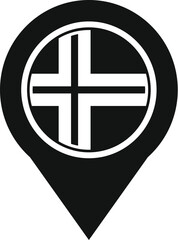 Poster - black gps pointer icon with a white cross in the center, indicating the location of a hospital, clin