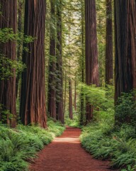 Canvas Print - A tranquil path winds through towering redwoods, surrounded by lush green ferns and underbrush on a sunny day.