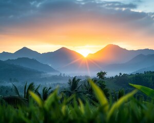 Sticker - Stunning Sunrise Over Mountain Range in Serene Countryside