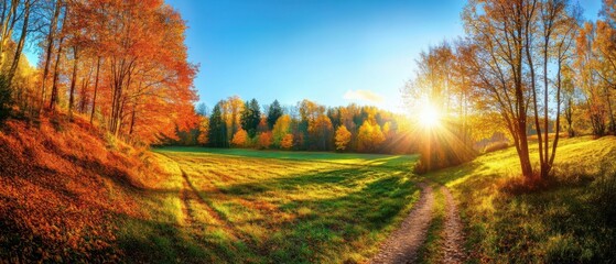 Poster - Beautiful autumn forest with vivid foliage, green meadow, and sunlight peeking through trees during sunrise.