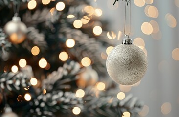 Wall Mural - Golden Christmas Ornament Hangs on Pine Tree With Soft Bokeh Background