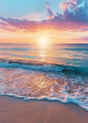 Wall Mural - Vibrant Sunset Over Calm Ocean Waves at Beach