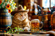 © OLHA - Cat wearing cowboy hat next to mug of beer on table.