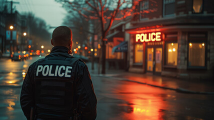 Wall Mural - Police officer patrolling a city street at night.