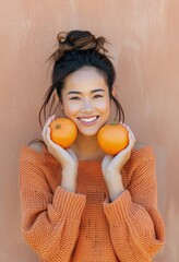 Wall Mural - Smiling Woman Holding Oranges Against a Warm Brown Background