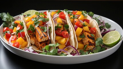 Wall Mural - a delicious serving of fish taco loaded with fresh ingredients, smothered with mango salsa and garnished with fresh coriander leaves