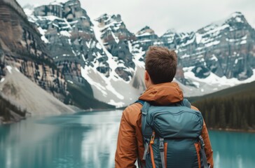 Sticker - Man Exploring Rocky Mountains Near Moraine Lake on a Sunny Day