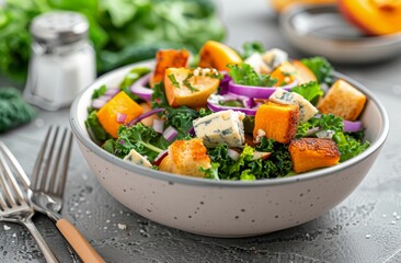 Wall Mural - Fresh Kale Salad With Roasted Pumpkin and Blue Cheese on a Gray Table