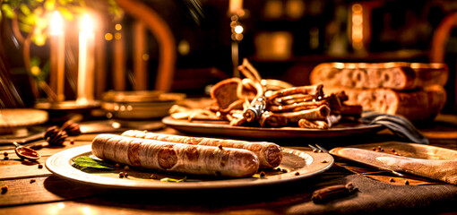 Two plates of sausages on table with candle in the background.