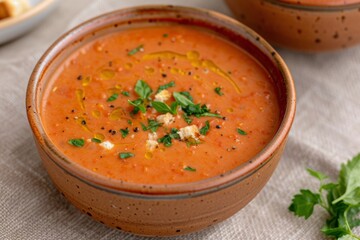 Wall Mural - Fresh Tomato Basil Soup Served With Croutons and Cherry Tomatoes on a Linen Tablecloth