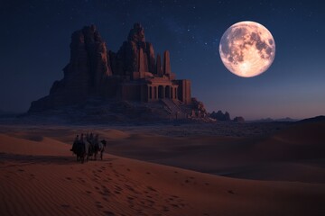 Desert nomads riding camels travel towards an ancient temple under the moonlight, showcasing a majestic desert landscape with a towering rock formation in the background.