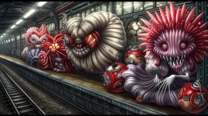 Four Cartoonish Monsters Await Passengers on Subway Tracks