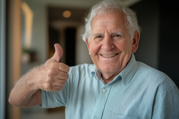 Wall Mural - A cheerful elderly man in a light blue shirt gives a thumbs-up gesture while smiling warmly, representing positivity and encouragement.