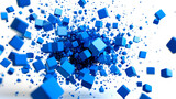 Abstract blue cubes exploding against white background.