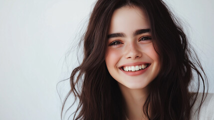 Wall Mural - Close-up portrait of a young woman with dark hair and freckles, smiling warmly against a soft white background, highlighting her natural beauty and joyful expression.