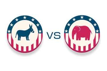 Donkey vs Elephant pins, buttons, badges. Elections usa 2024. Vector illustration, isolated on transparent background. Democrats and republicans. 