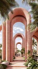 Canvas Print - Pink Brick Arches Pathway with Palm Trees