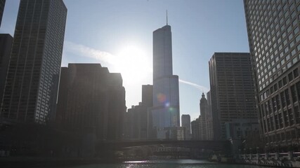 Sticker - Cityscape of Chicago Downtown Riverwalk. Chicago city, Illinois. USA