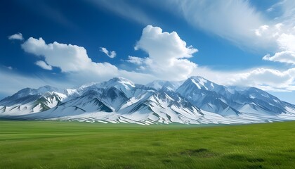 Wall Mural - The vast green grasslands and magnificent snow-covered mountains under the blue sky and white clouds reveal the beautiful nature.