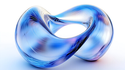 Abstract blue glass sculpture with a swirling pattern on a white background.