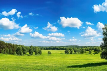 Wall Mural - A vast green meadow under a bright blue sky with scattered white clouds, surrounded by lush trees.