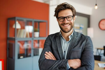 photo of a happy business man, one color background and office space,generative ai