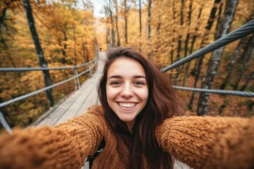 Poster - Woman taking selfie on a bridge during autumn. Surrounded by vibrant fall colors and a cheerful atmosphere.